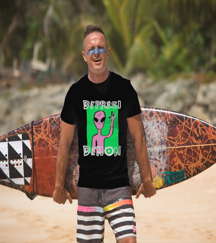 Depresi Demon Pink Alien Rock On Meme T-Shirt