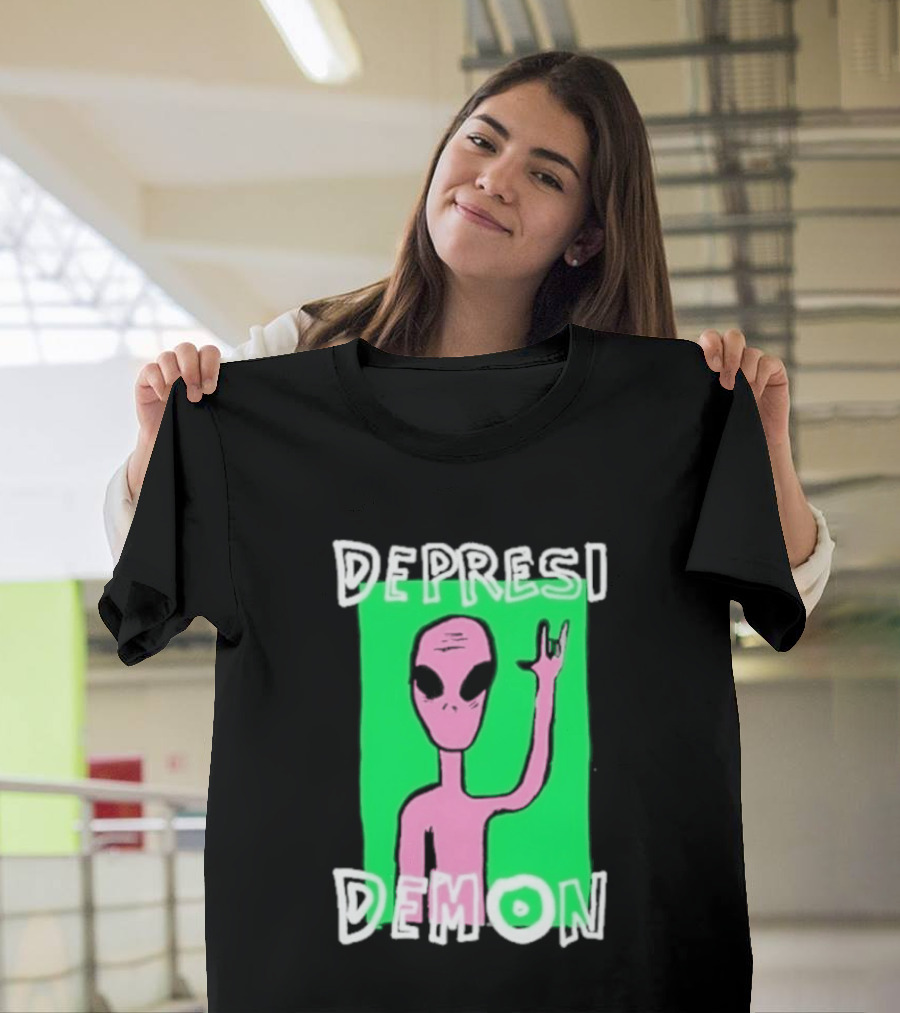 Depresi Demon Pink Alien Rock On Meme T-Shirt