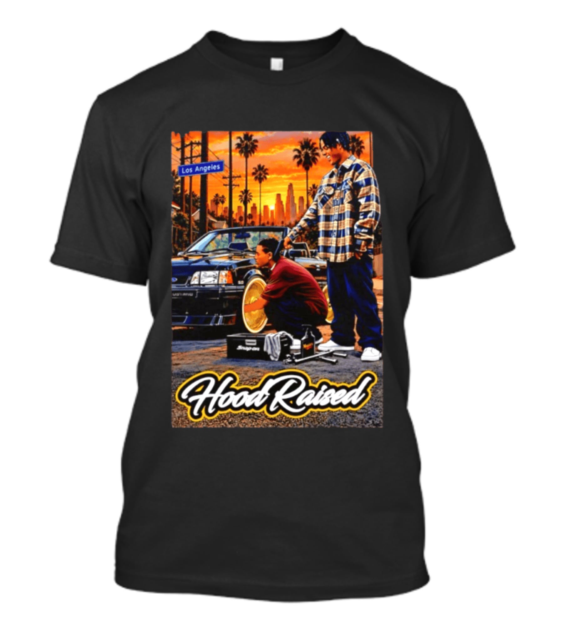 Hood Raised Los Angeles Ford Mustang Enthusiast Scene T-Shirt