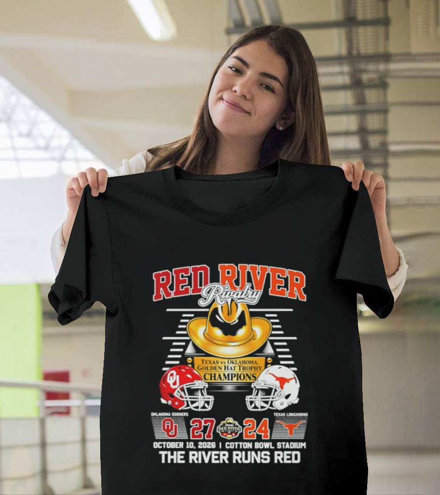 Oklahoma Sooners Red River 2026 The River Runs Red 27 24 Cotton Bowl Stadium T-Shirt