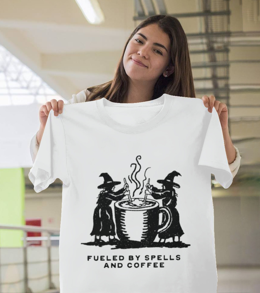 Fueled By Spells And Coffee Witch Magic Potion Cauldron Wizards T-Shirt