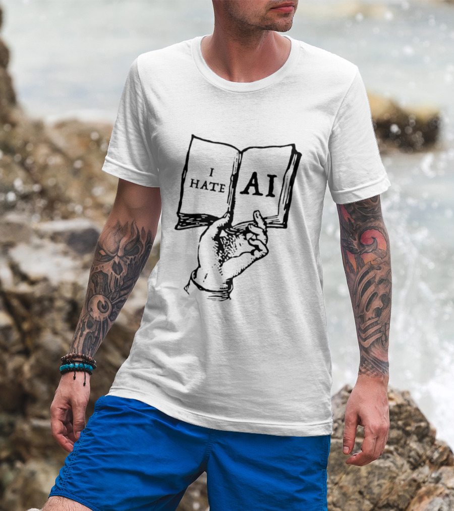 I Hate AI Artificial Intelligence Technology Text On Open Book T-Shirt