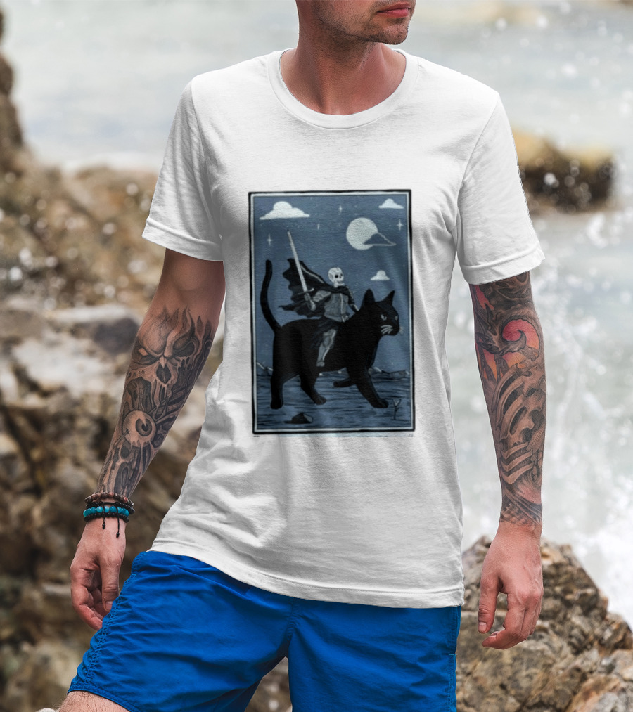 Skeleton Knight On Black Cat Under Moon And Stars Idle Hands Invite Mischief T-Shirt