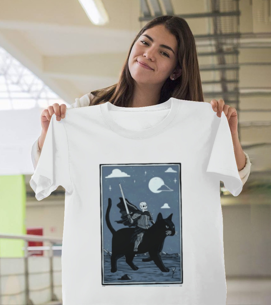 Skeleton Knight On Black Cat Under Moon And Stars Idle Hands Invite Mischief T-Shirt