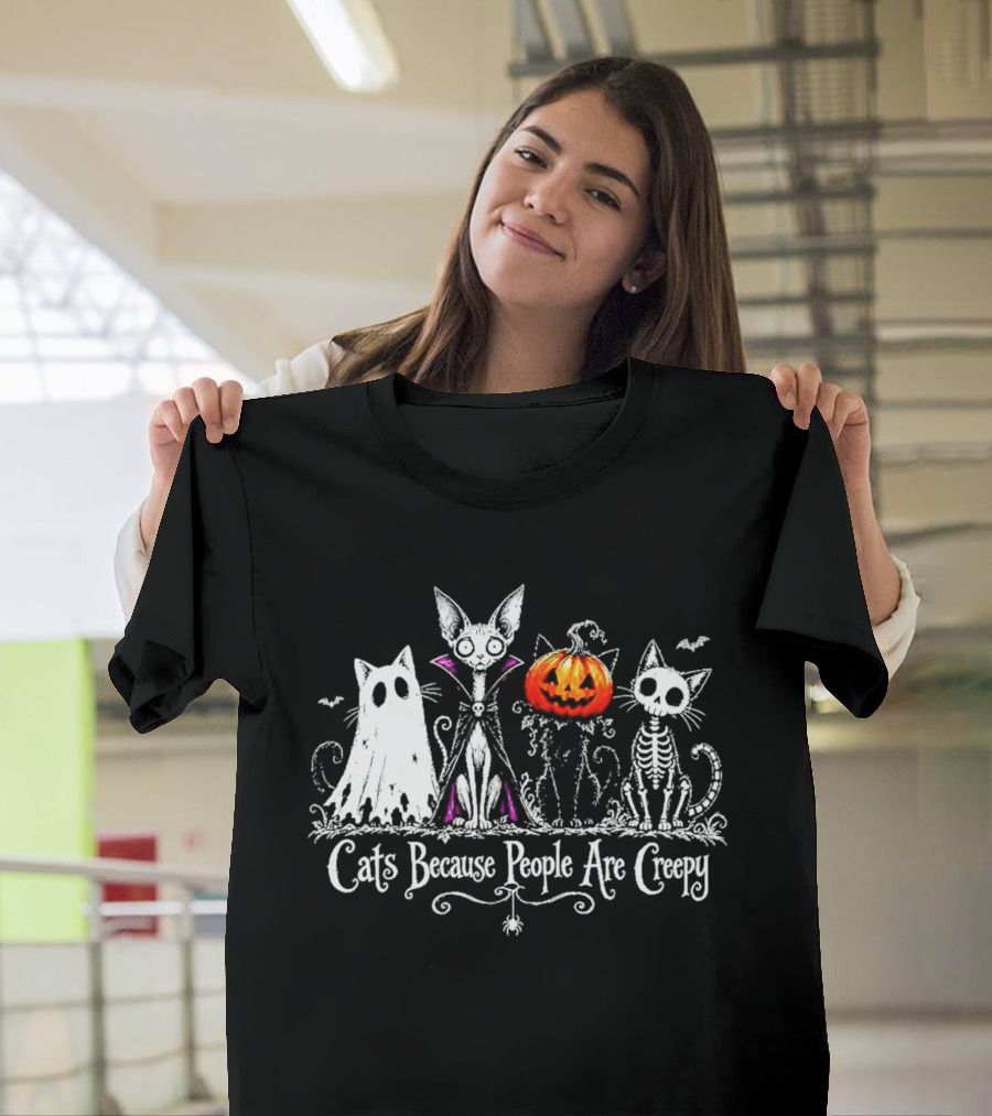 Cats Because People Are Creepy Halloween Cat Pumpkin Skeleton T-Shirt