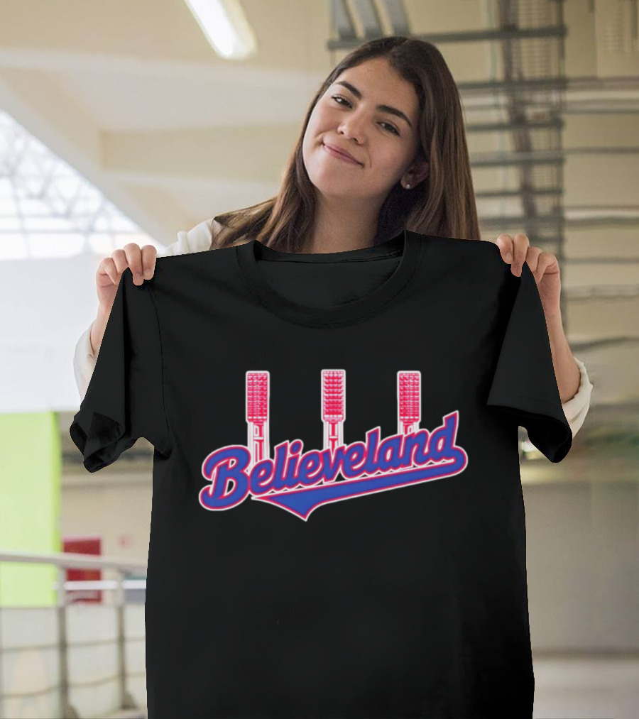 Cleveland Guardians Believeland City Skyline With Retro Baseball Bat Landmarks T-Shirt
