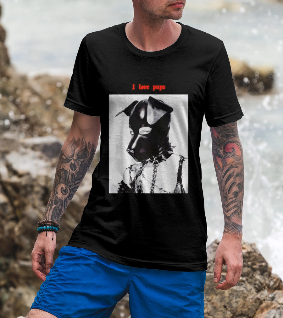 I Love Pups Latex Dog Hood Leather Pup Mask BDSM Gear T-Shirt