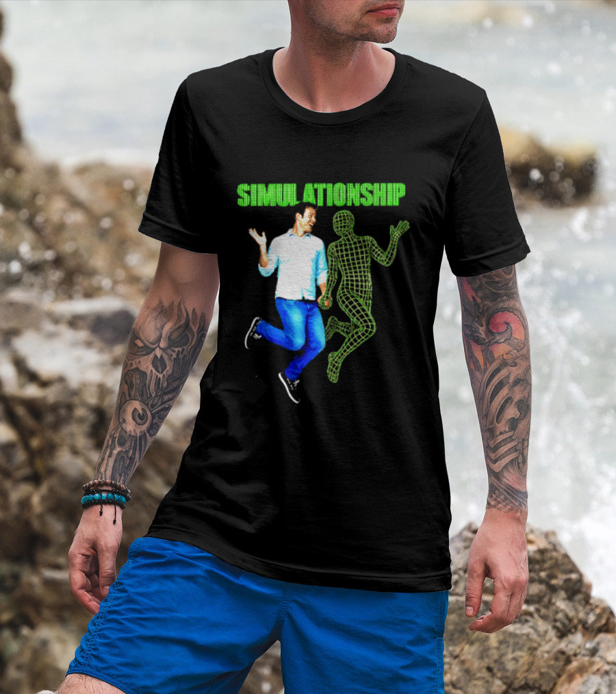 Simulationship Simulation Glitch Digital Jumping Man And Wireframe Figure T-Shirt