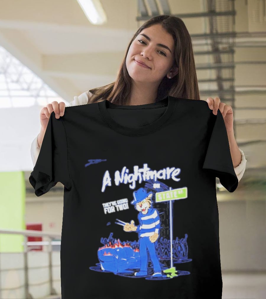A Nightmare On State St They're Going For Two Cat Character In Blue And White Stripes T-Shirt