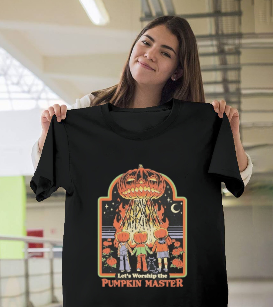 Let's Worship The Pumpkin Master Halloween Kids With Pumpkins And Cat T-Shirt