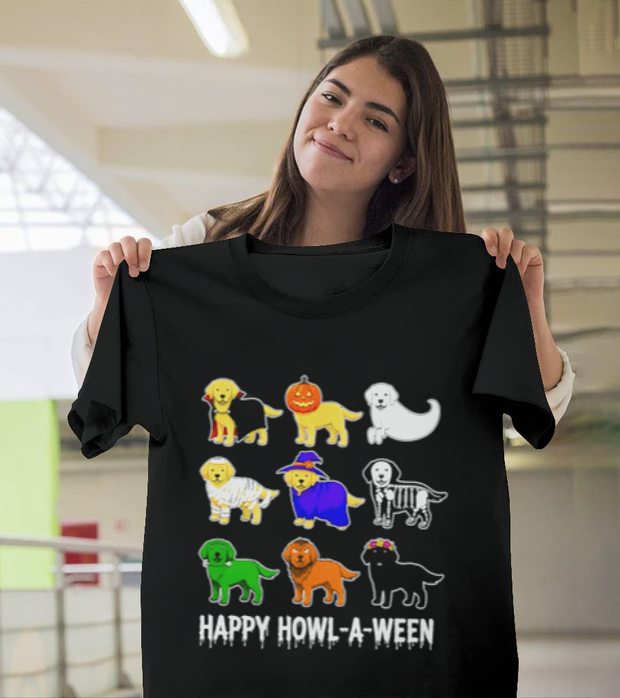 Happy Howl A Ween Dogs Halloween 2026 Pumpkin Witch Skeleton Costumes T-Shirt