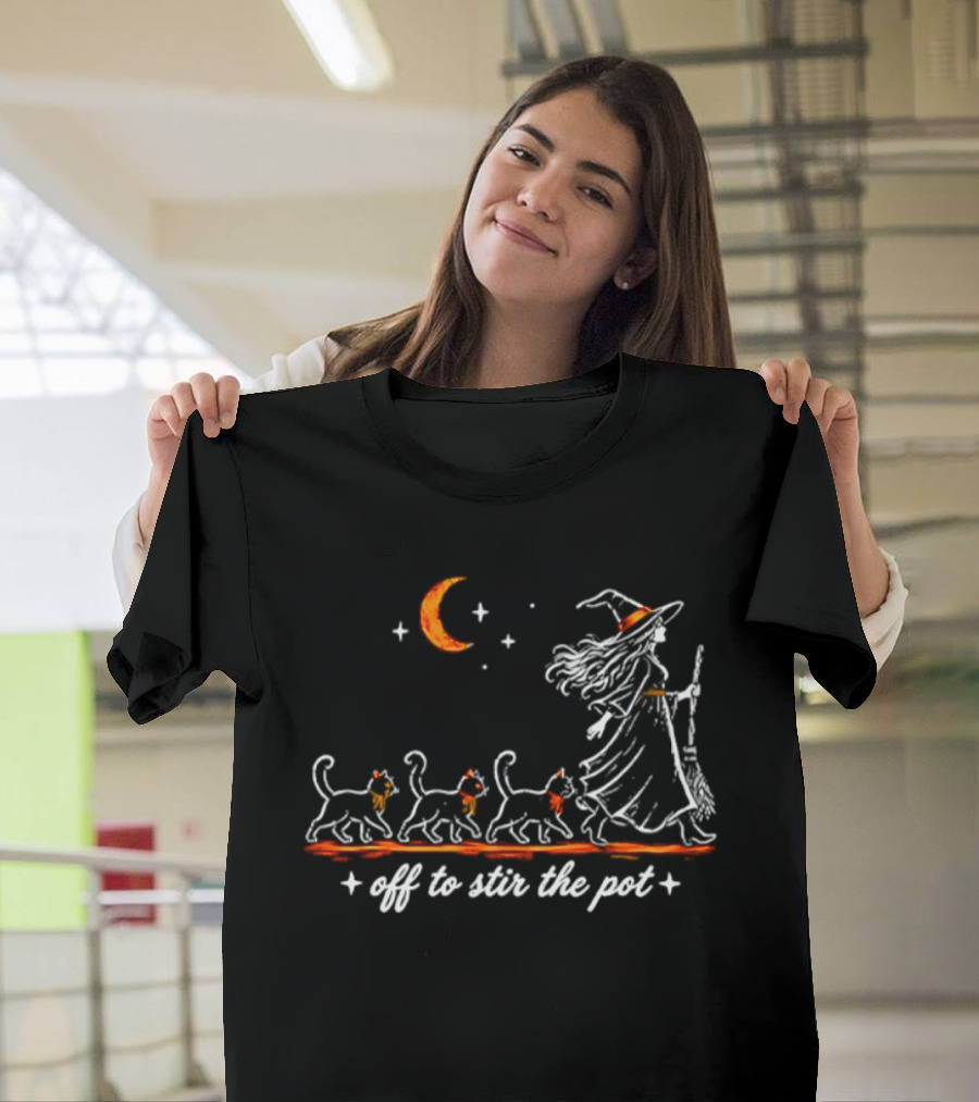 Off To Stir The Pot Witch Black Cats Halloween Moon Magic T-Shirt