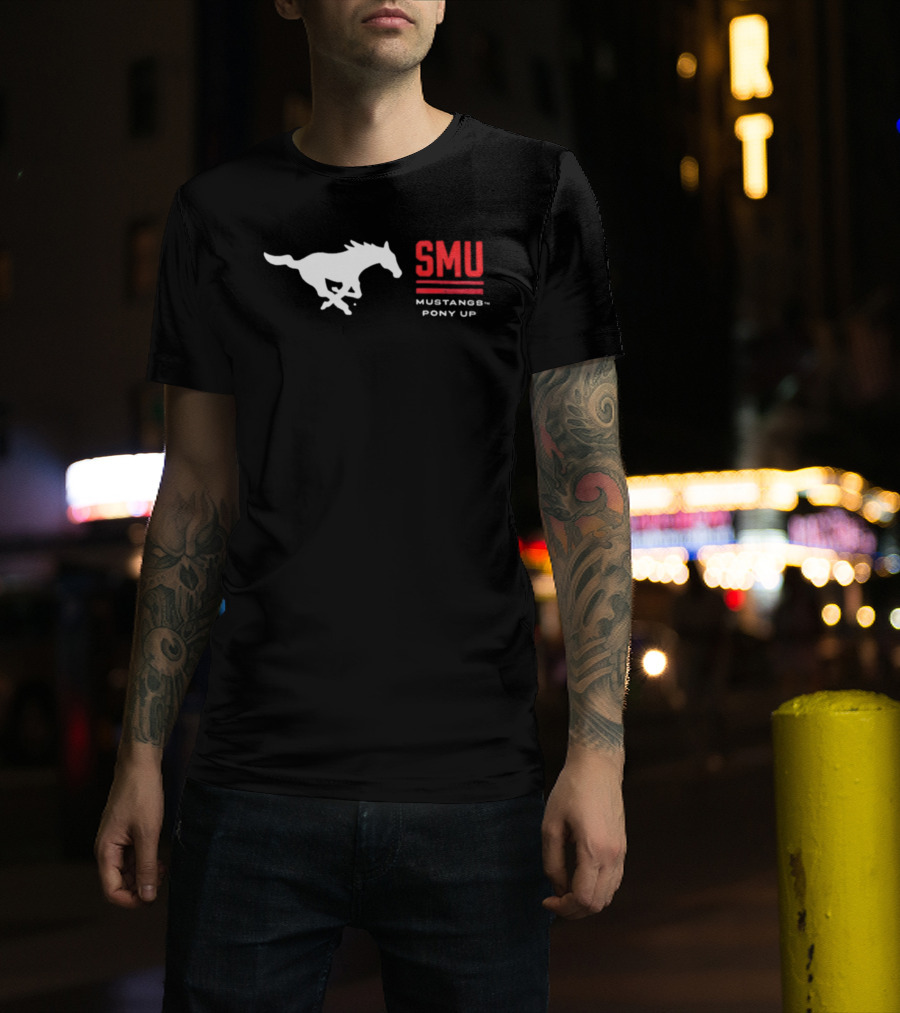 SMU Mustangs Pony Up Coach Rhett Lashlee Running Horse T-Shirt