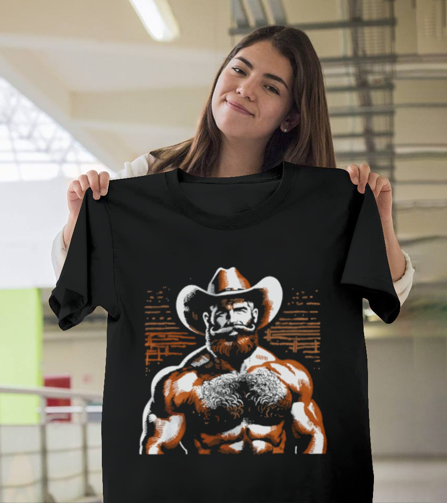 Hairy Cowboy Western Mustache Bearded Man Muscular Rancher T-Shirt
