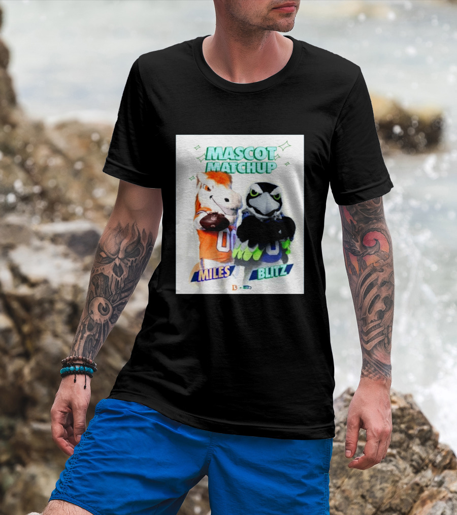 Mascot Matchup Miles Vs Blitz Denver Broncos Seattle Seahawks 2026 T-Shirt