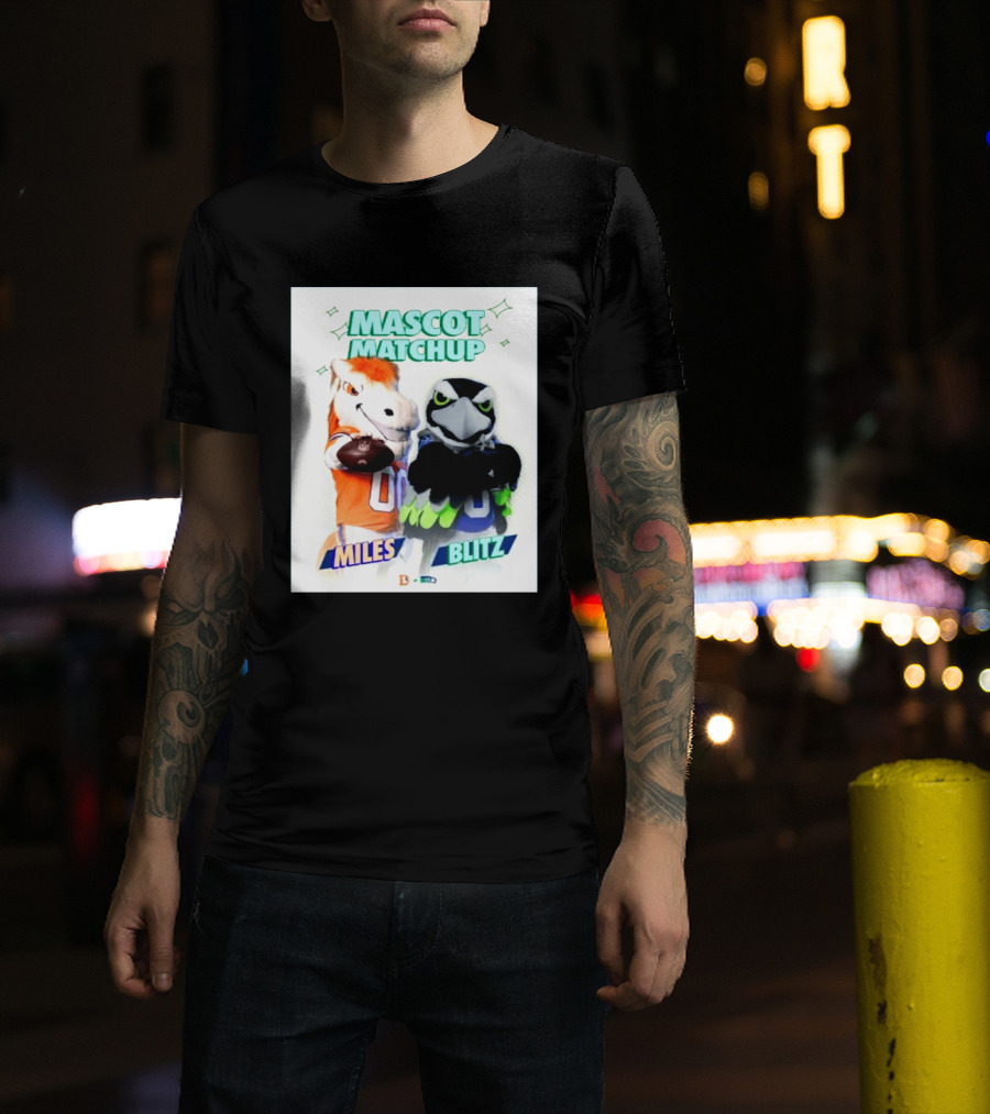 Mascot Matchup Miles Vs Blitz Denver Broncos Seattle Seahawks 2026 T-Shirt