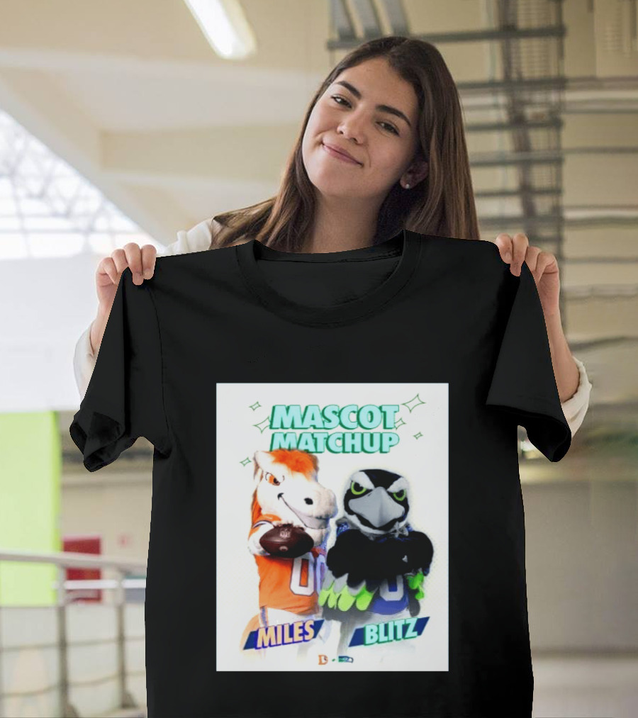 Mascot Matchup Miles Vs Blitz Denver Broncos Seattle Seahawks 2026 T-Shirt