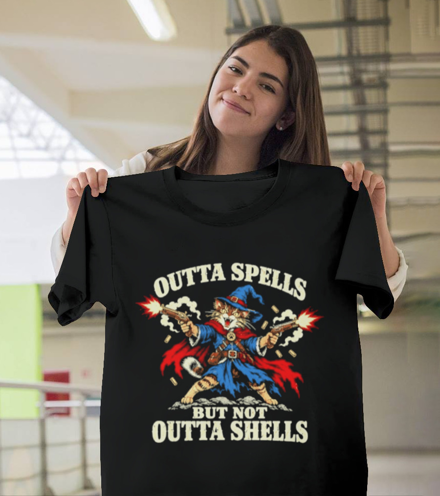 Outta Spells But Not Outta Shells Wizard Cat Pistol T-Shirt