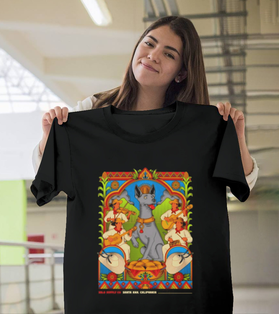 Xolo Supply Co Santa Ana California Xoloitzcuintli Vintage Mexican Art With Musicians And Dog T-Shirt