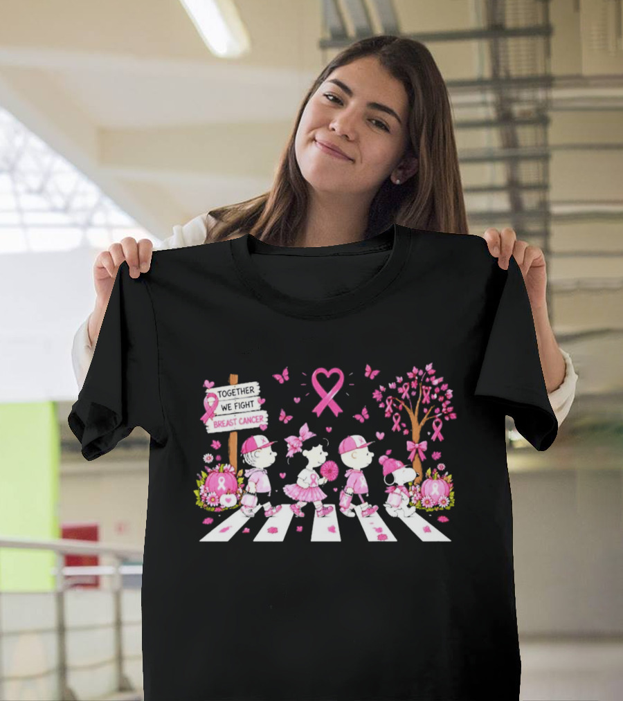 Together We Fight Breast Cancer Peanuts Characters Abbey Road Pink Ribbon Butterflies T-Shirt