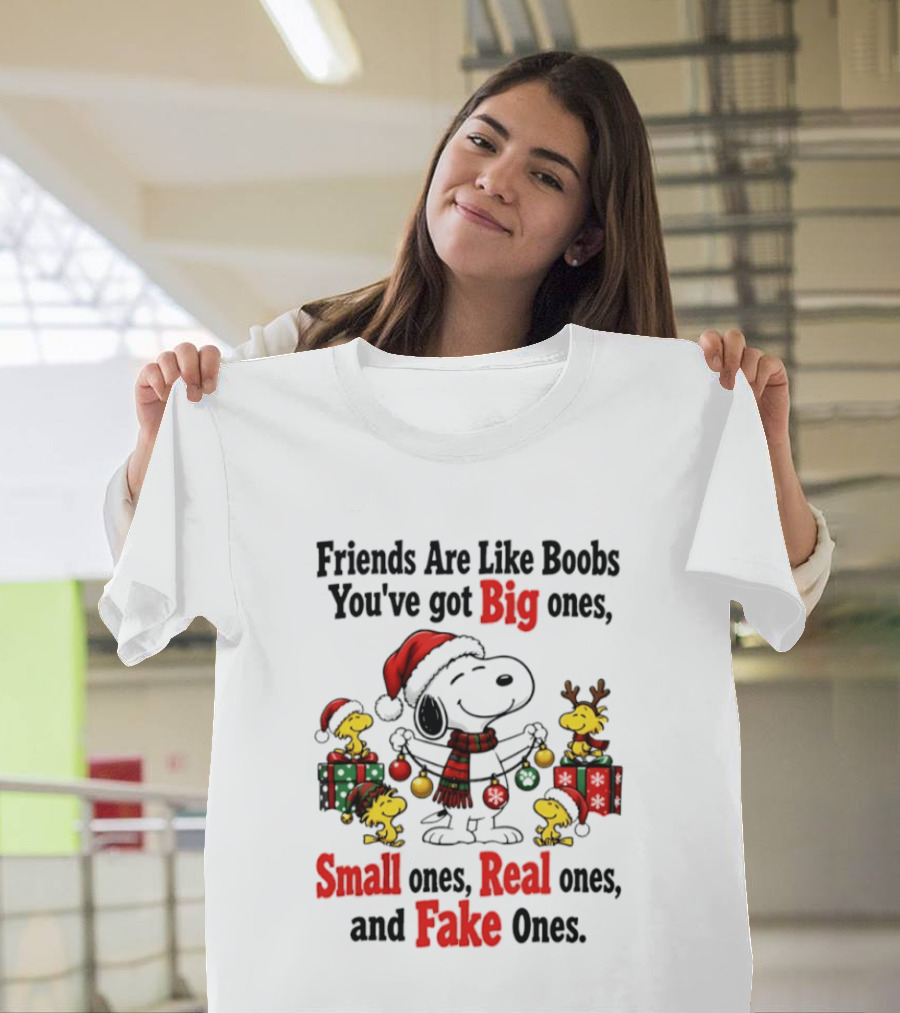 Friends Are Like Boobs You've Got Big Ones Small Ones Real Ones Fake Ones Snoopy Woodstock Christmas T-Shirt