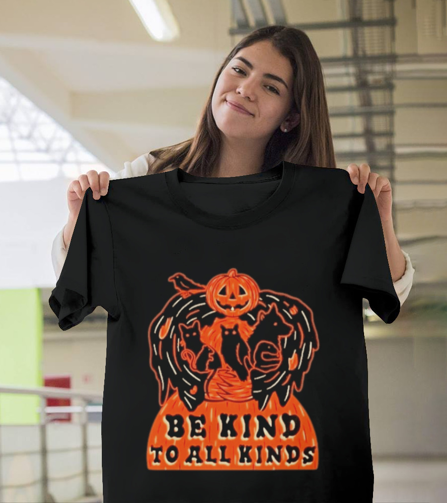 Be Kind To All Kinds Halloween 2026 Pumpkin Animals With Cats And Crow T-Shirt