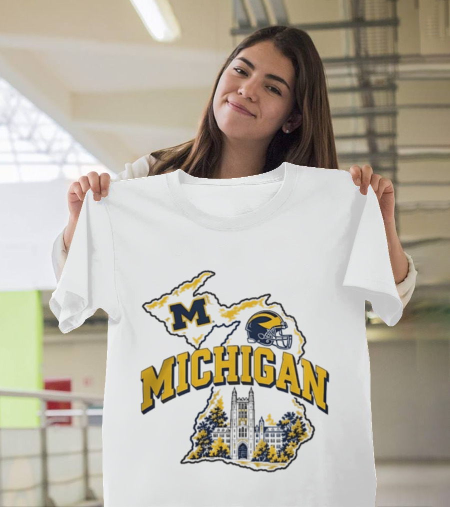 Michigan Wolverines NCAA Football Helmet Map And Building T-Shirt