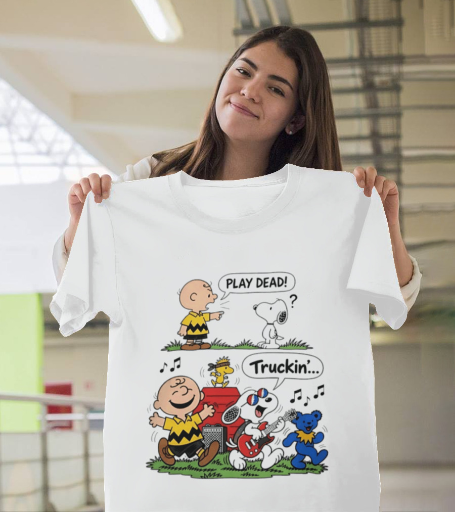 Peanuts Characters Play Dead And Truckin' With Grateful Dead Dancing Bear T-Shirt
