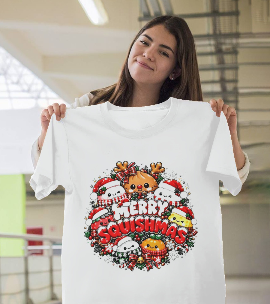 Merry Squishmas Cute Festive Characters Santa Hats Holiday Cheer Reindeer Red Green Berries T-Shirt