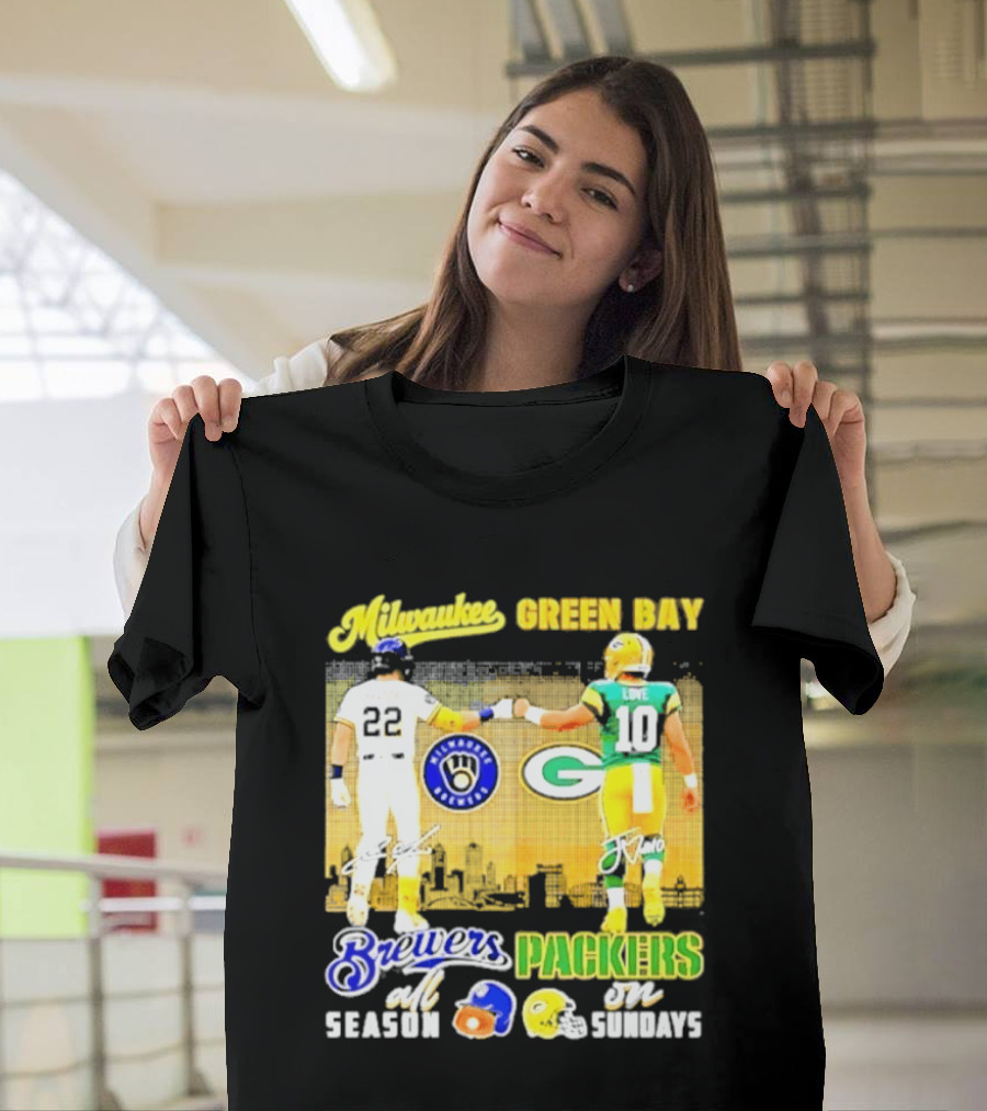 Milwaukee Brewers Green Bay Packers All Season Sundays Players Signatures T-Shirt