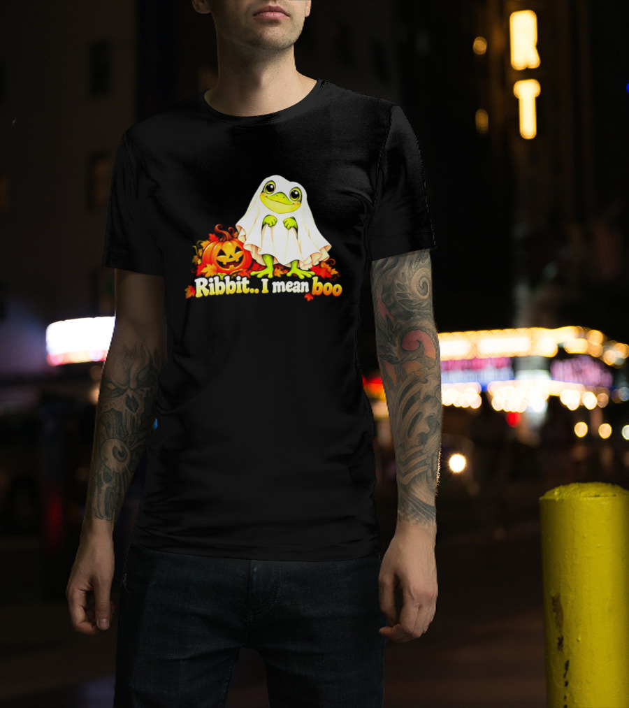 Ribbit I Mean Boo Halloween Frog In Ghost Costume With Pumpkin T-Shirt