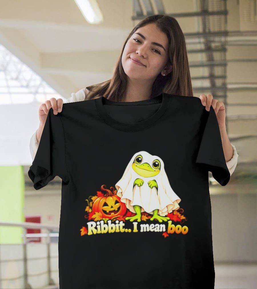 Ribbit I Mean Boo Halloween Frog In Ghost Costume With Pumpkin T-Shirt
