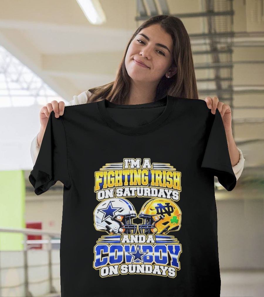 I'm A Fighting Irish On Saturdays And A Cowboy On Sundays Football Helmet Star Clover T-Shirt