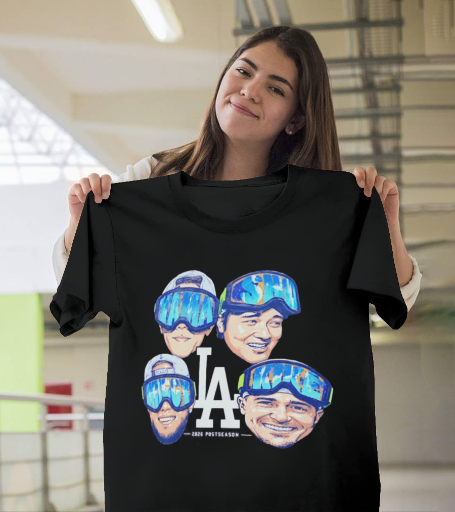 Los Angeles Dodgers 2026 Postseason Big Head LA Goggles MAMA SMILE MIKE T-Shirt