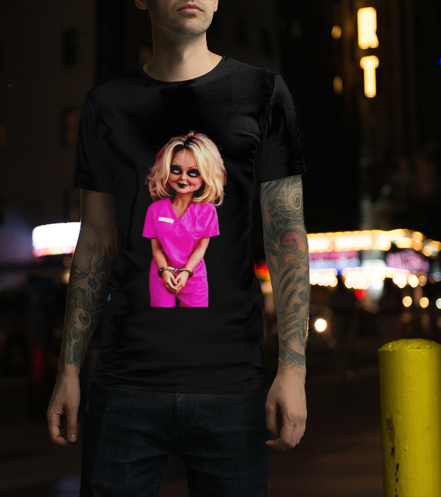 Tiffany Valentine Chucky Doll Pink Prison Uniform Halloween Costume T-Shirt