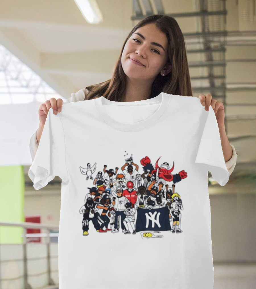 New York Yankees Fans Cartoon MLB Postseason 2026 Celebratory Group Scene T-Shirt