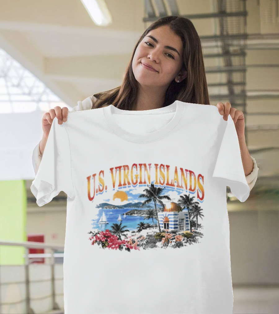 U.S. Virgin Islands Sunset Beach Scene With Palm Trees And Lighthouse T-Shirt