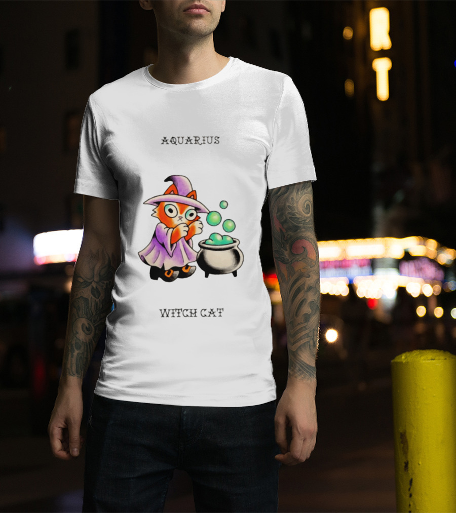 Aquarius Witch Cat Zodiac Astrology Magic Cauldron T-Shirt