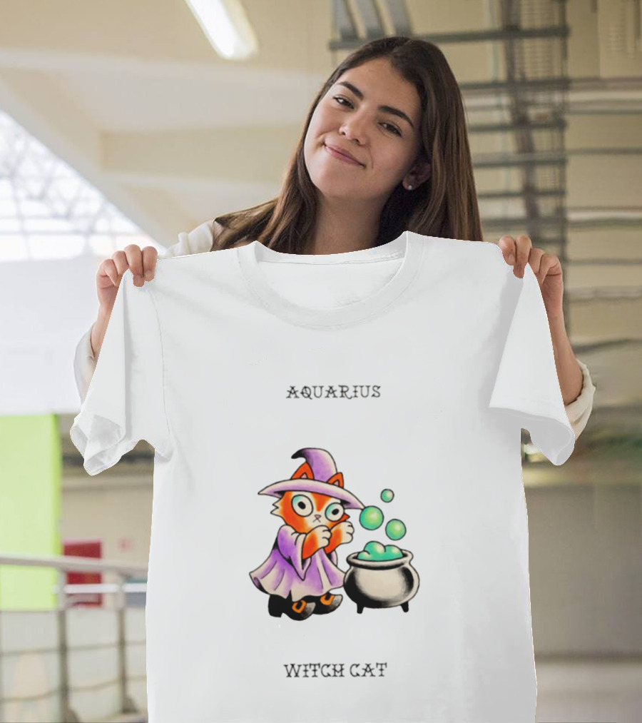 Aquarius Witch Cat Zodiac Astrology Magic Cauldron T-Shirt