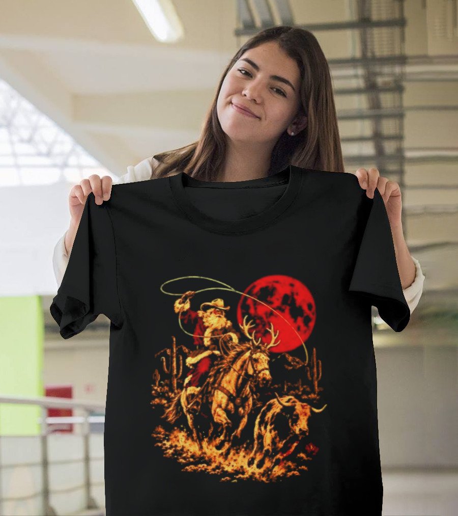 Cowboy Santa Christmas 2026 Holiday Western Rodeo Reindeer Cactus Desert Scene T-Shirt