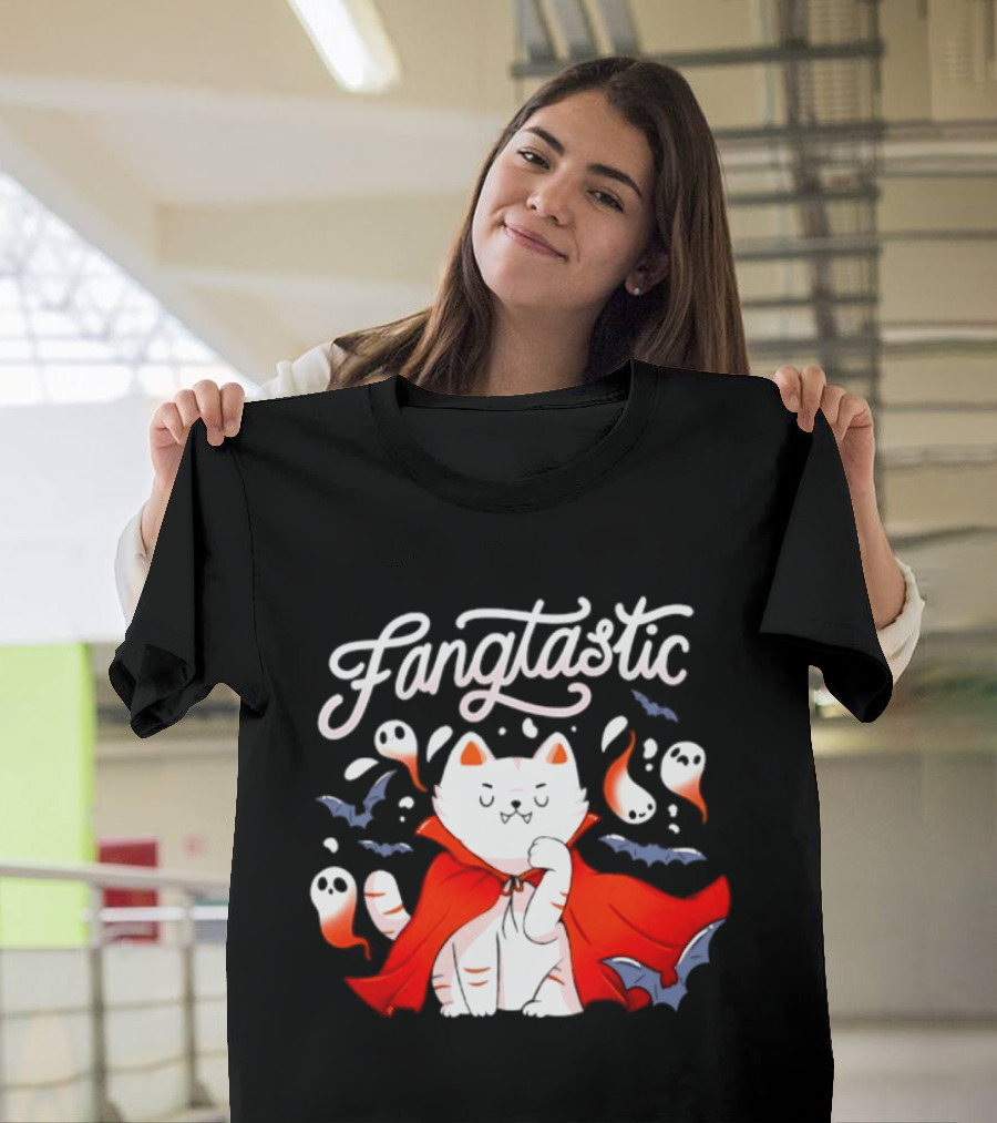 Fangtastic Vampire Cat With Ghosts And Bats Halloween 2026 T-Shirt