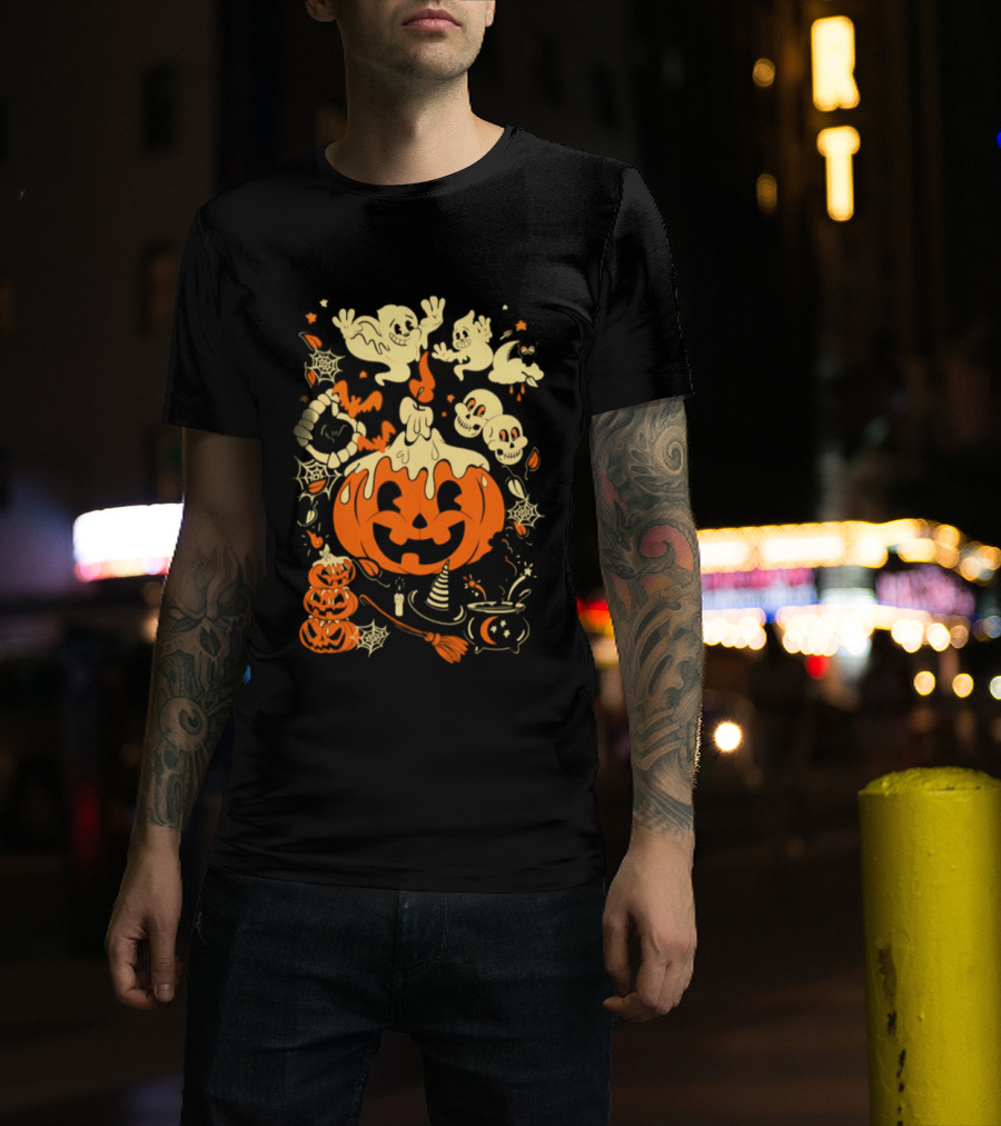 Halloween Pumpkin Ghost Skull Witch Hat Cauldron Spooky Bat T-Shirt