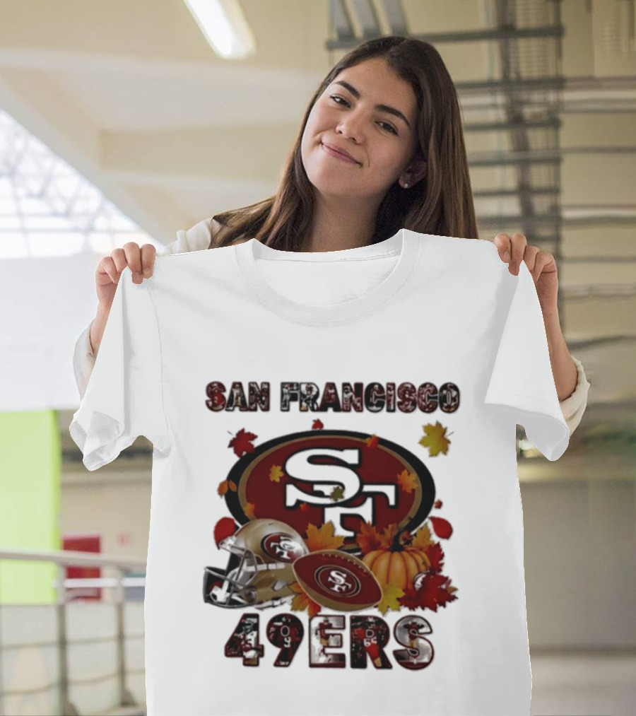 San Francisco 49ers Autumn 2026 Football Helmet And Pumpkin Leaves T-Shirt