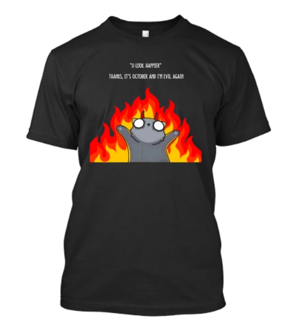 U Look Happier Thanks It Is October And I Am Evil Again Cat In Flames T-Shirt