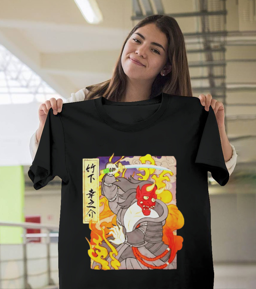 Konosuke Takeshita Demon Samurai AEW Collaboration With Japanese Inspired Flames And Sword T-Shirt