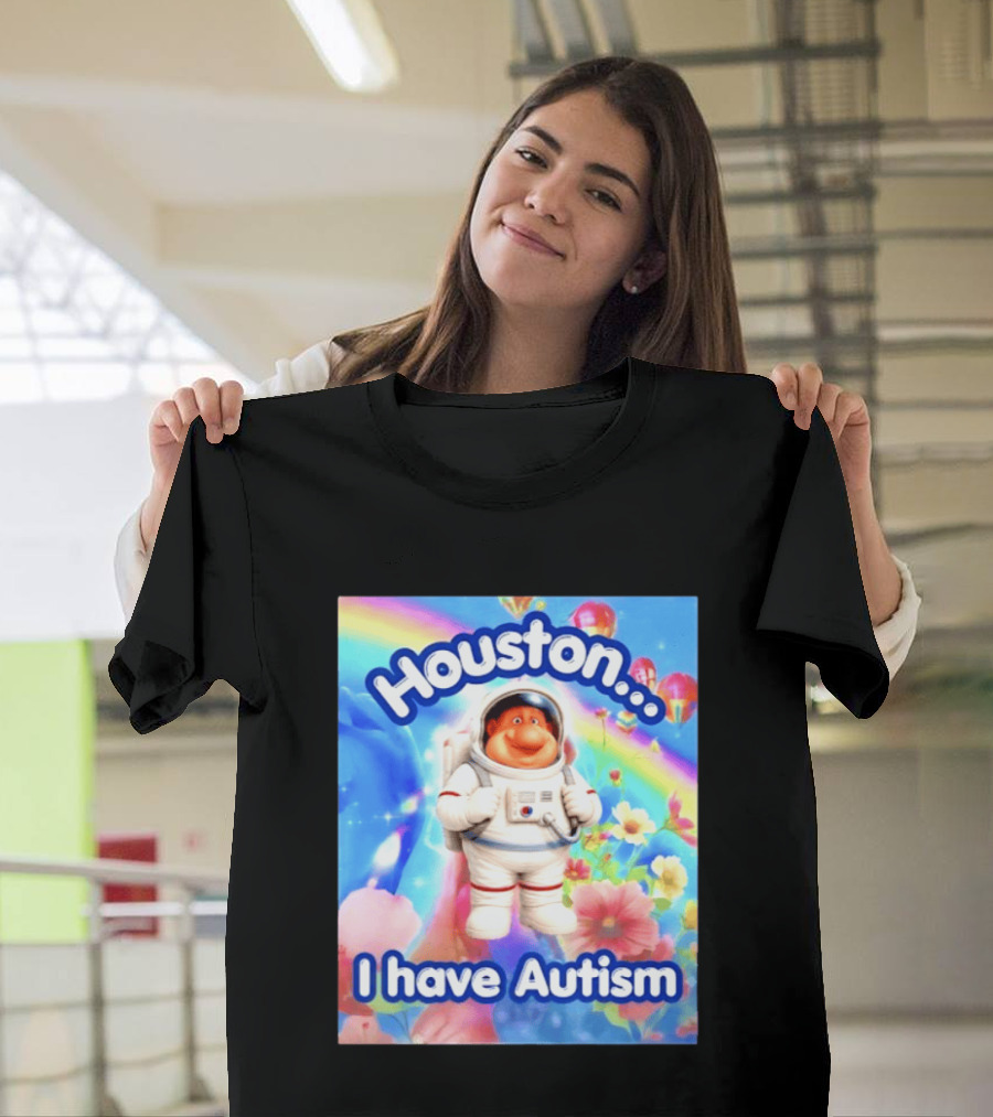 Houston I Have Autism Rainbow Astronaut Balloons And Flowers T-Shirt