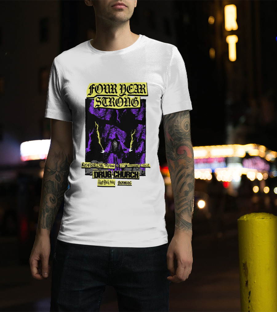 Four Year Strong Rise Or Die Trying 25th Anniversary Tour Drug Church Heart Attack Man Save Face Purple Cloaked Figure T-Shirt