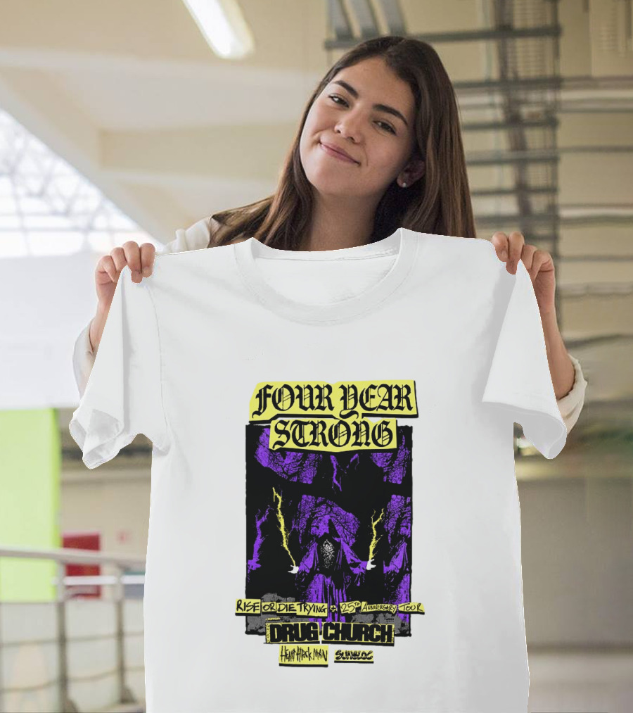 Four Year Strong Rise Or Die Trying 25th Anniversary Tour Drug Church Heart Attack Man Save Face Purple Cloaked Figure T-Shirt