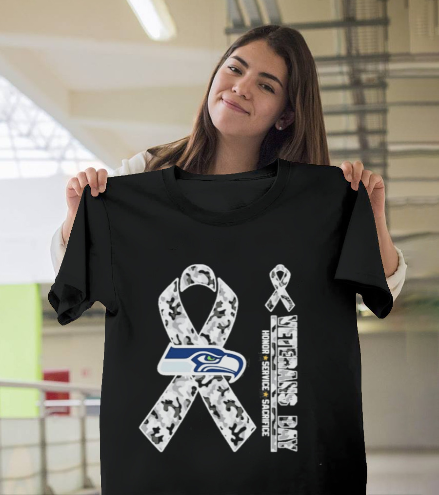 Seattle Seahawks Veterans Day 2026 Honor Service Sacrifice Ribbon Camo T-Shirt