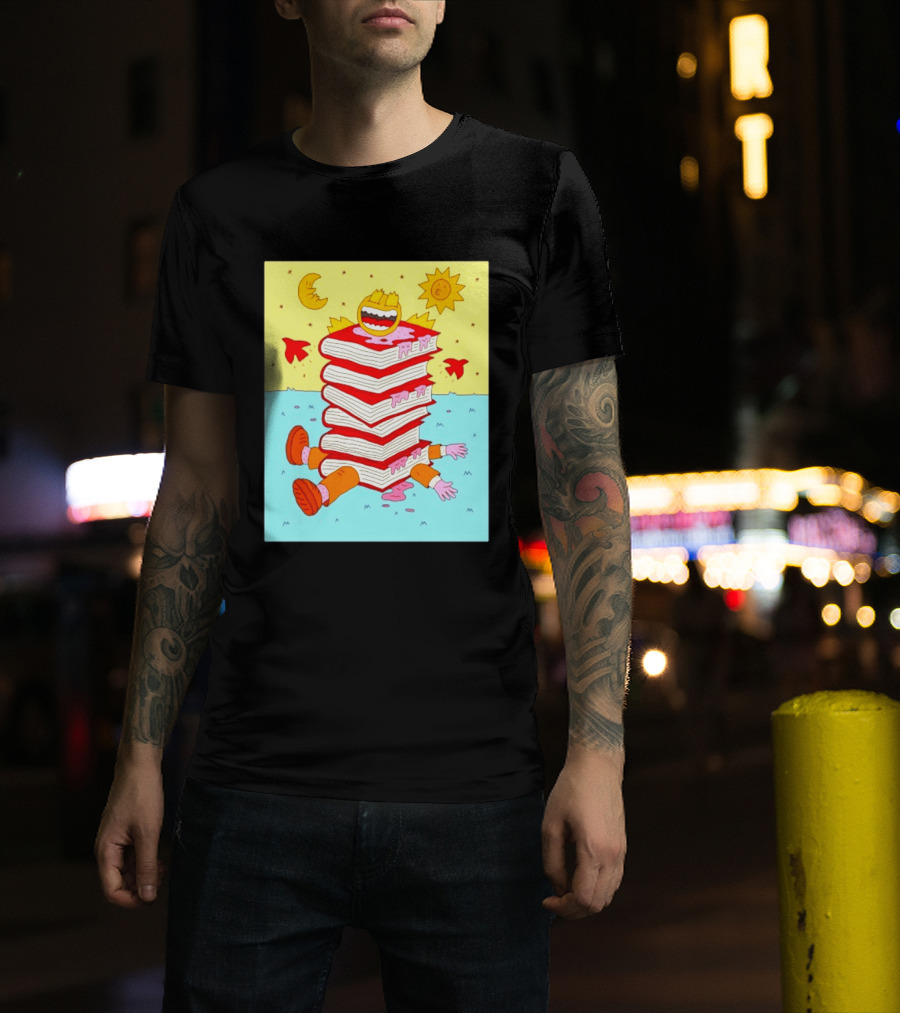 Smiling Face Moon Sun Birds Stack Of Books Reading T-Shirt